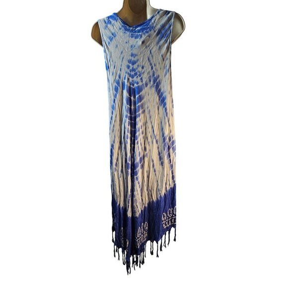 Ingear Resort Umbrella Dress OS Sleeveless Blue Tie Dye Tasseled Rayon Maxi NWT - Picture 5 of 8
